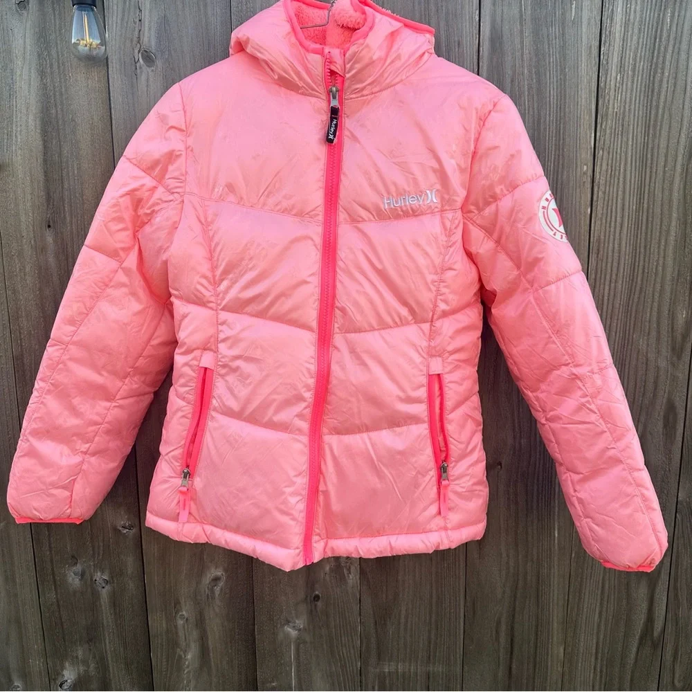 Hurley Pink Hooded Puffer Jacket Girls Sz Large (12-13 Years) Sherpa‎ Lined